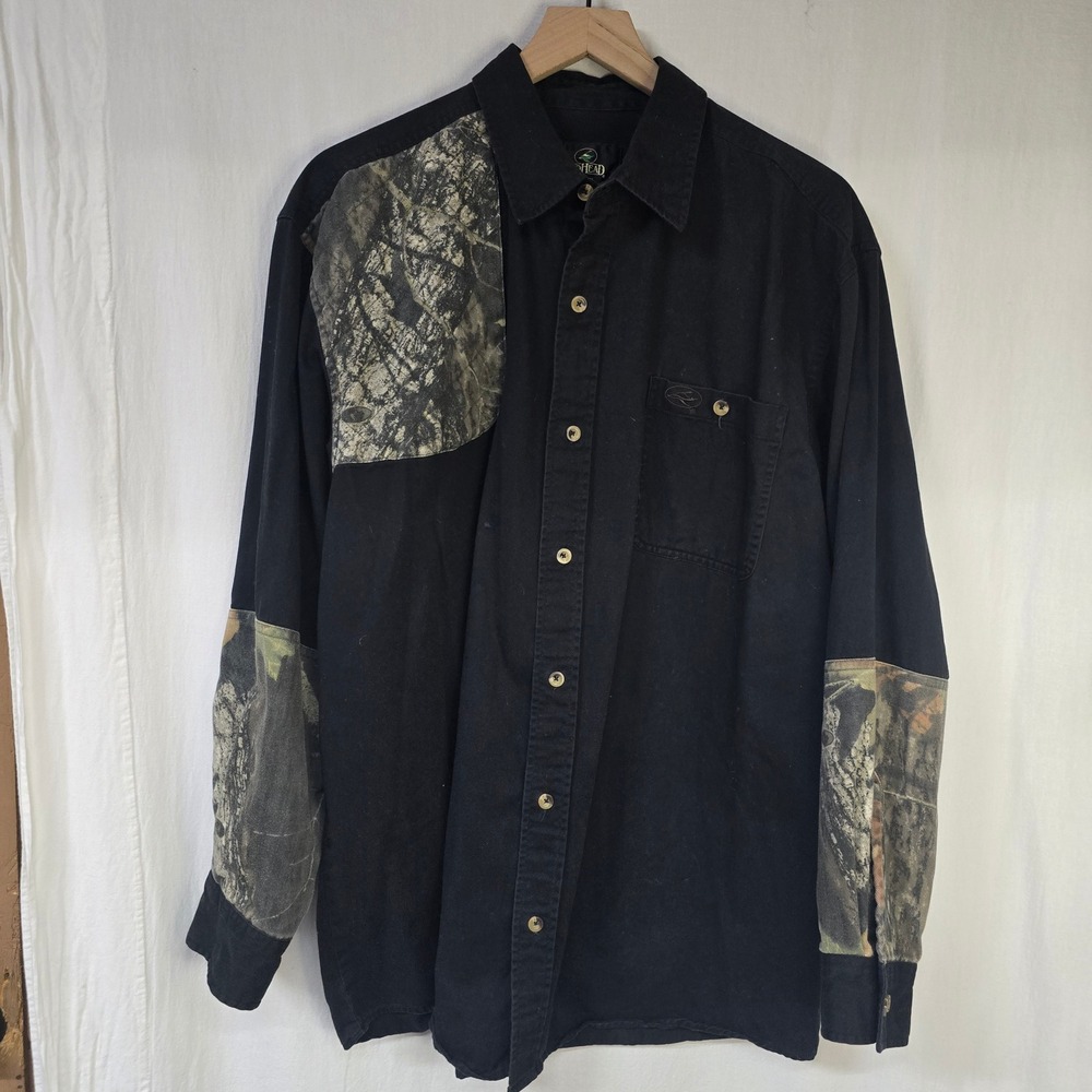 RedHead Camo Accent‎ Button Down Shirt Men L Black Cotton Twill Hunting Workwear